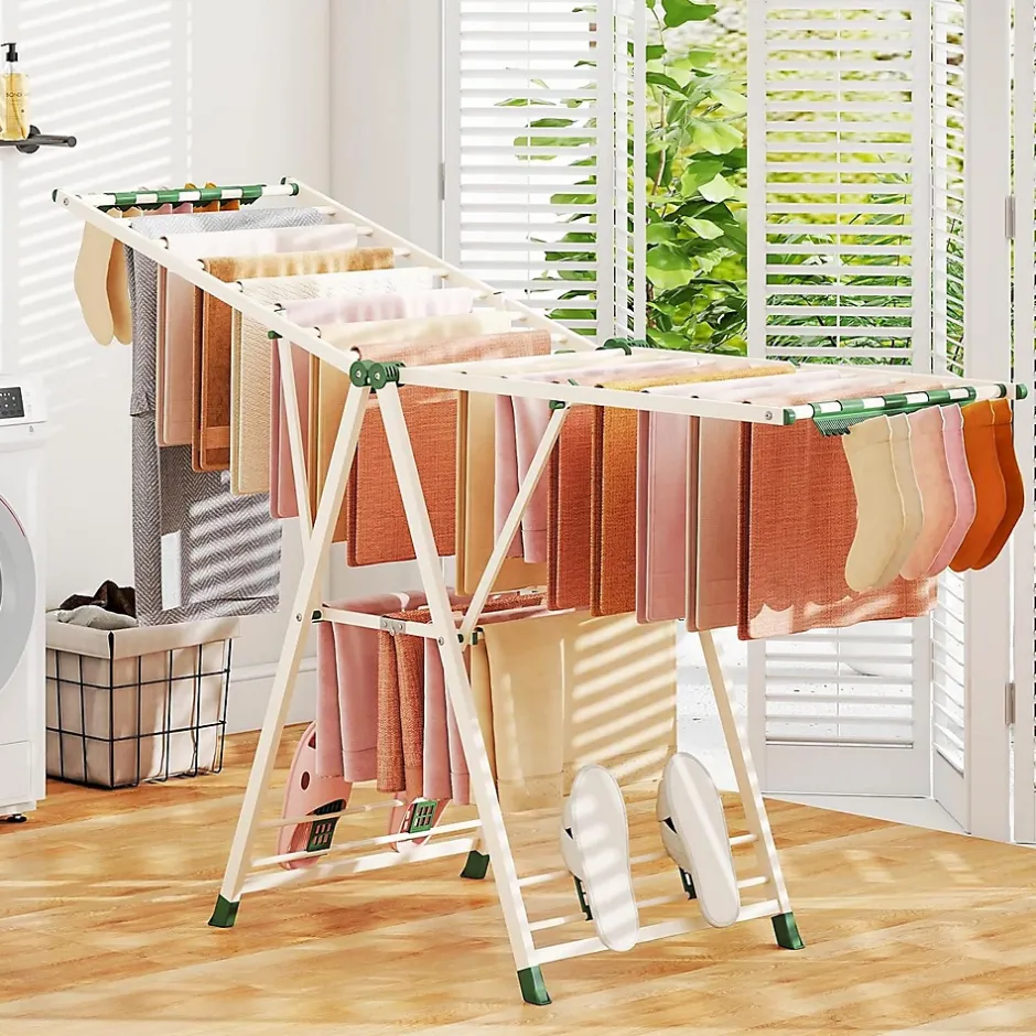 Giantex Séchoir à Linge Pliante, avec Ailes Latérales Hauteur Réglable, 20 Barres et 4 Crochets Chaussures, Vêtements (1,8 M,Beige)* Etendoir À Linge