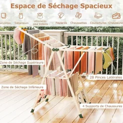 Giantex Séchoir à Linge Pliante, avec Ailes Latérales Hauteur, 16 Barres, 28 Pinces Latérales et 4 Crochets, Vêtements (1,4 M,Beige)