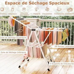 Giantex Séchoir à Linge Pliante, avec Ailes Latérales Hauteur, 16 Barres, 28 Pinces Latérales et 4 Crochets, Vêtements (1,4 M,Blanc)