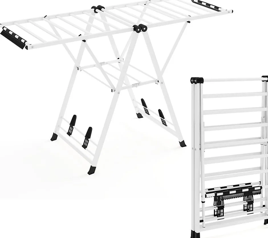Giantex Séchoir à Linge Pliante, avec Ailes Latérales Hauteur Réglable, 18 Barres, Chaussures, Vêtements (1,6 M,Blanc)
