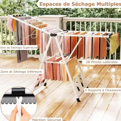 Giantex Séchoir à Linge Pliante, avec Ailes Latérales Hauteur Réglable, 18 Barres, Chaussures, Vêtements (1,6 M,Blanc)