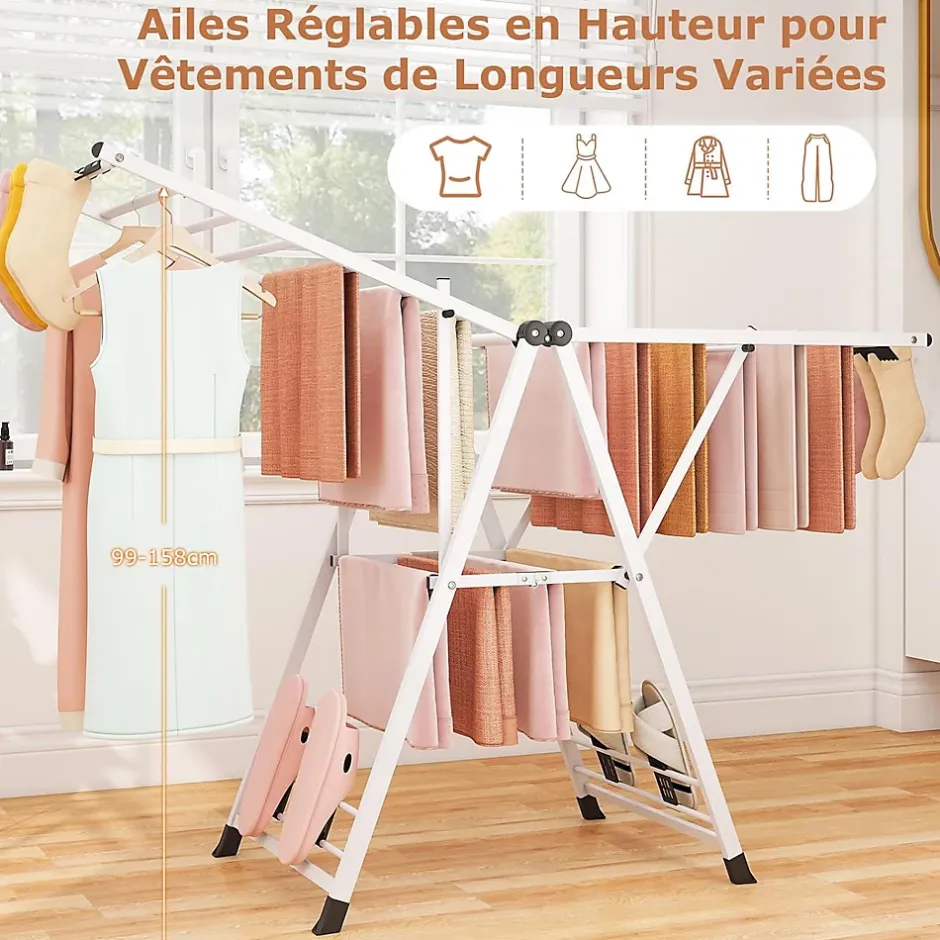 Giantex Séchoir à Linge Pliante, avec Ailes Latérales Hauteur Réglable, 18 Barres, Chaussures, Vêtements (1,6 M,Blanc)