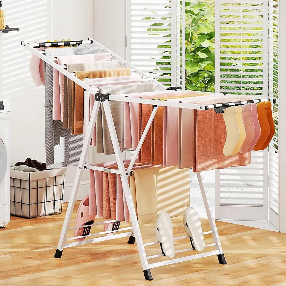 Giantex Séchoir à Linge Pliante, avec Ailes Latérales Hauteur Réglable, 18 Barres, Chaussures, Vêtements (1,6 M,Blanc)