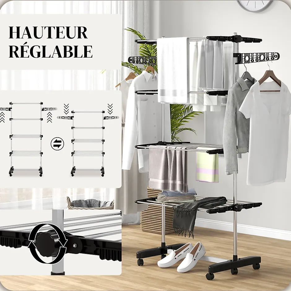 Homcom Séchoir à linge étendoir pliable ailes latérales 4 niveaux noir
