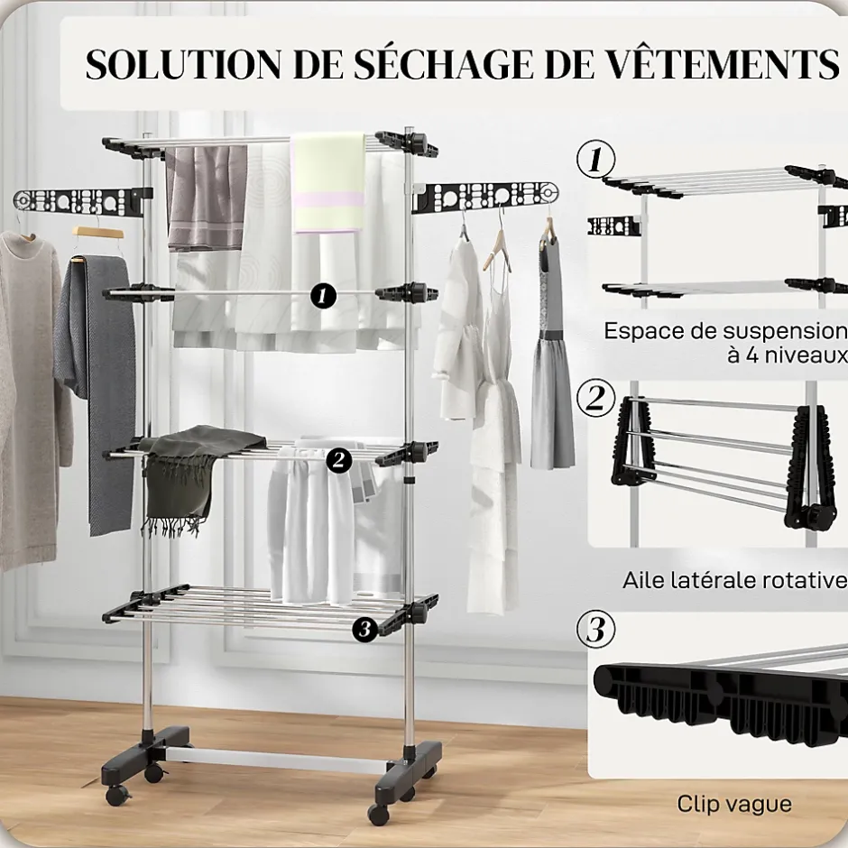 Homcom Séchoir à linge étendoir pliable ailes latérales 4 niveaux noir