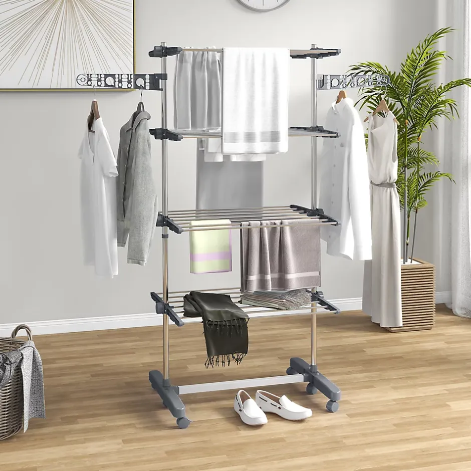 Homcom Séchoir à linge étendoir pliable ailes latérales 4 niveaux gris