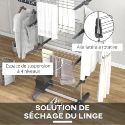 Homcom Séchoir à linge étendoir pliable ailes latérales 4 niveaux gris