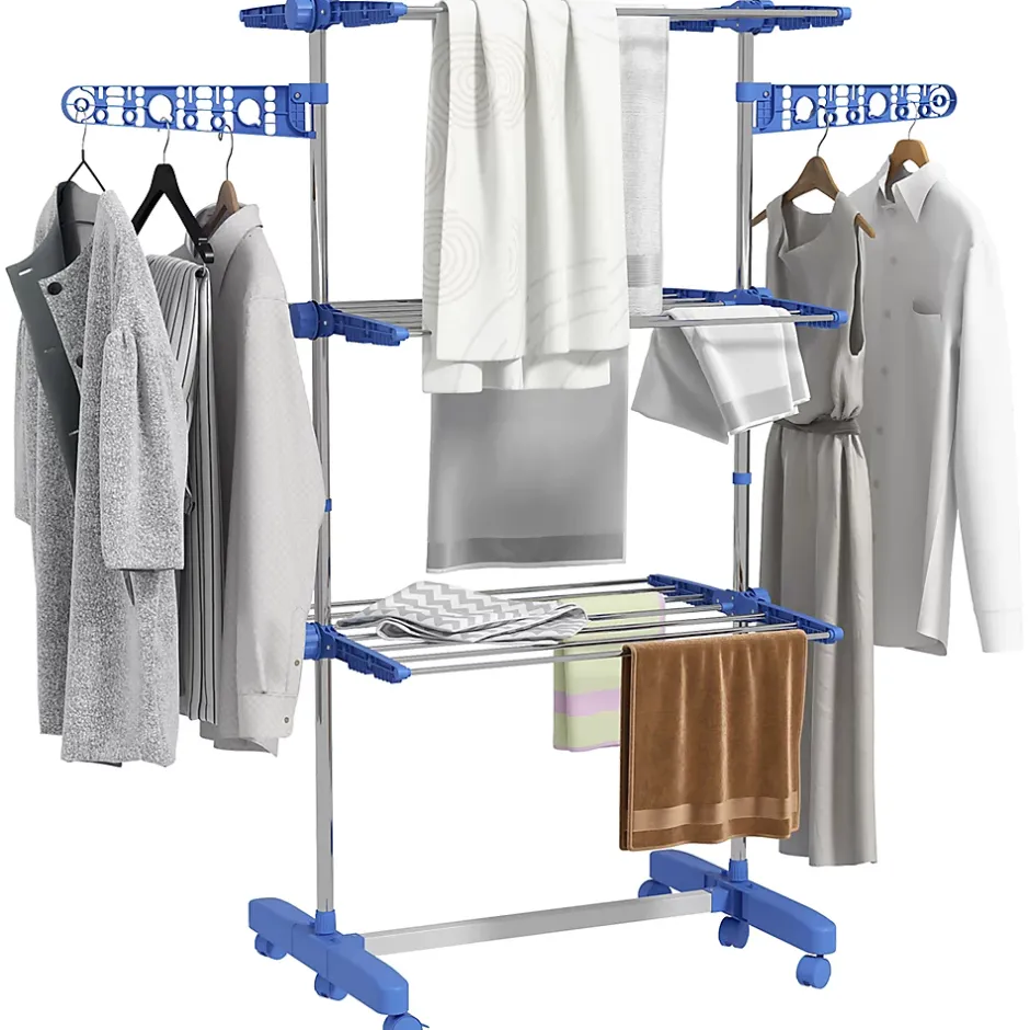 Homcom Séchoir à linge étendoir pliable ailes latérales 3 niveaux acier inox PP bleu* Etendoir À Linge