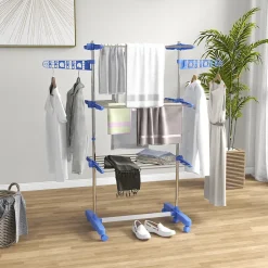 Homcom Séchoir à linge étendoir pliable ailes latérales 3 niveaux acier inox PP bleu* Etendoir À Linge