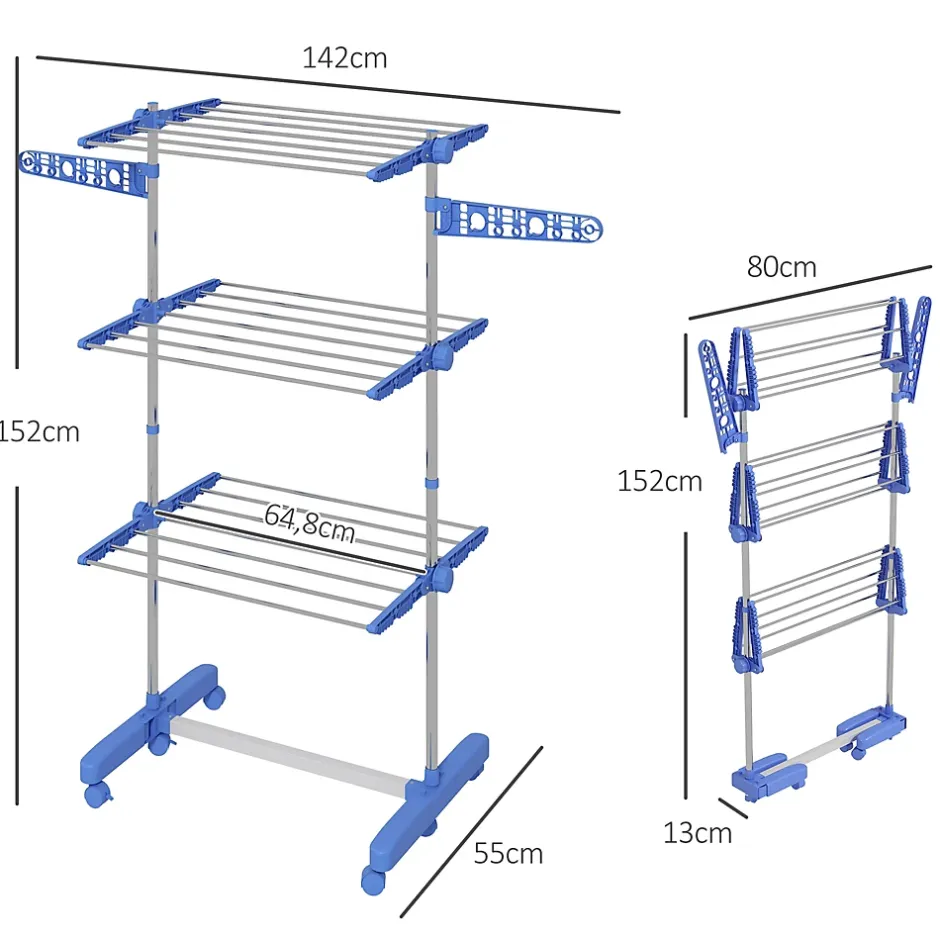 Homcom Séchoir à linge étendoir pliable ailes latérales 3 niveaux acier inox PP bleu* Etendoir À Linge