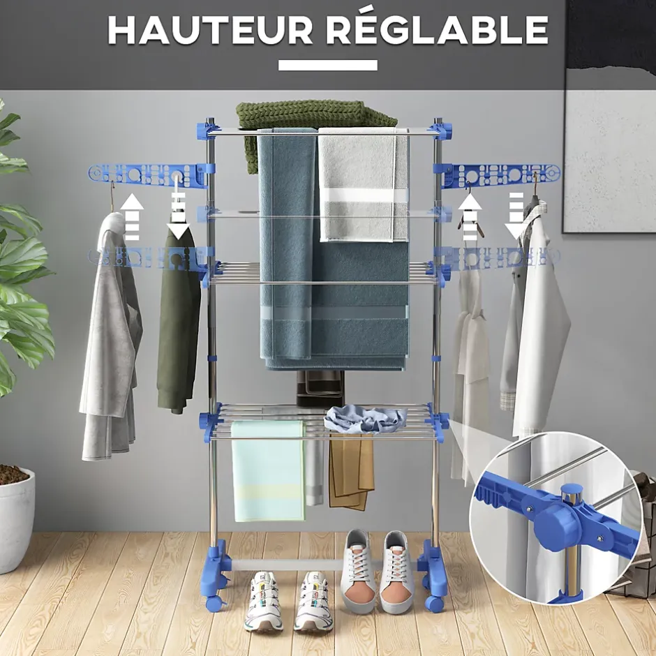 Homcom Séchoir à linge étendoir pliable ailes latérales 3 niveaux acier inox PP bleu* Etendoir À Linge