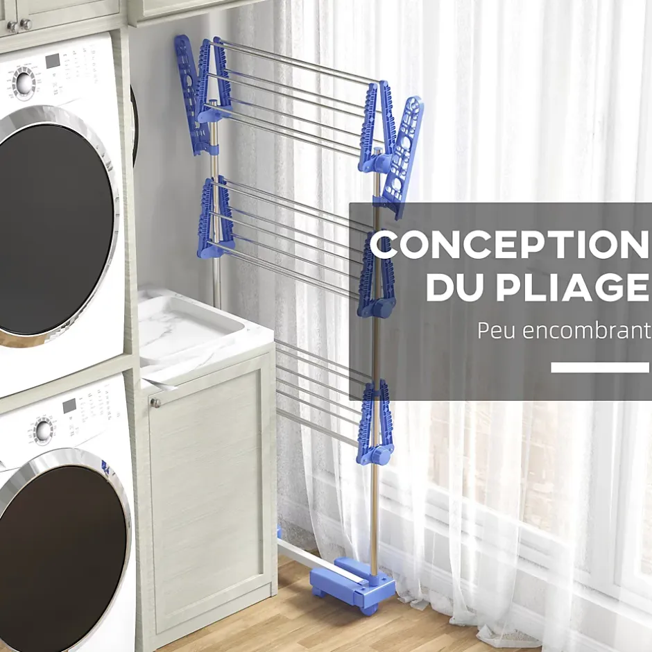 Homcom Séchoir à linge étendoir pliable ailes latérales 3 niveaux acier inox PP bleu* Etendoir À Linge