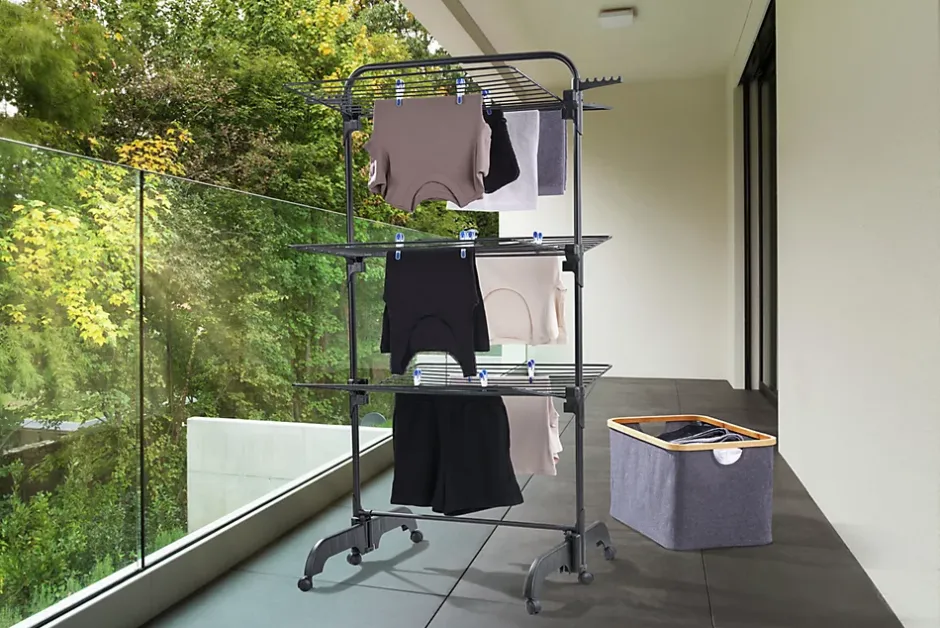 Leifheit Séchoir à linge tour noir sur roulettes 42 m d'étendage 3 niveaux, Comfort Tower 420 Black* Etendoir À Linge