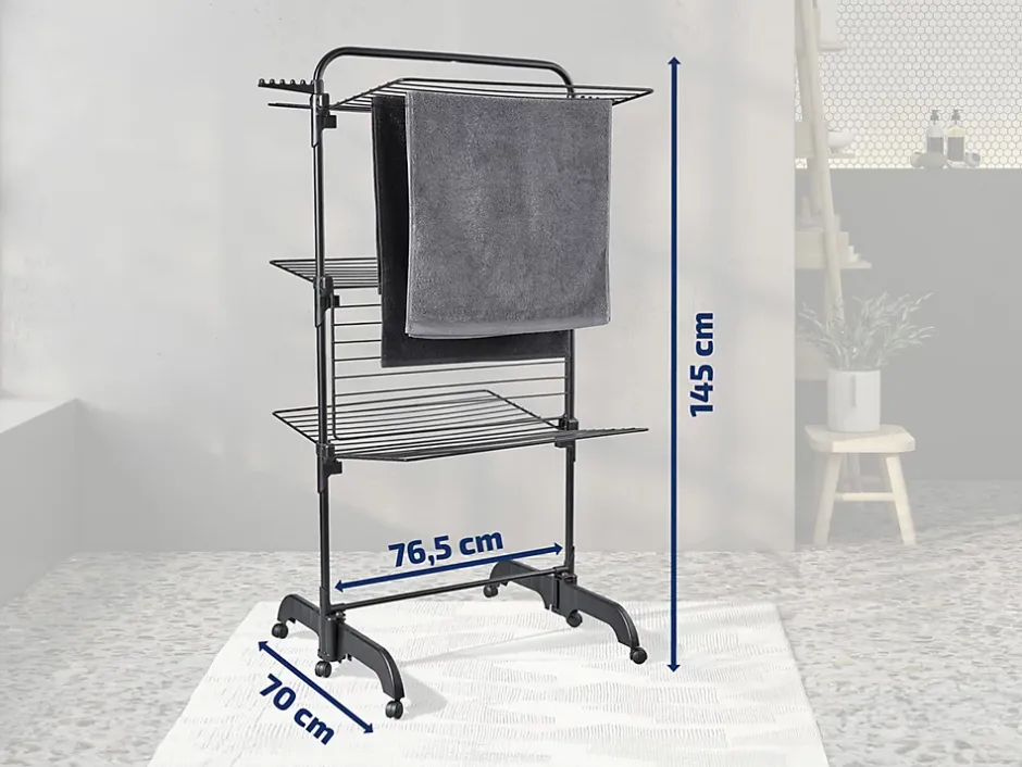 Leifheit Séchoir à linge tour noir sur roulettes 42 m d'étendage 3 niveaux, Comfort Tower 420 Black* Etendoir À Linge