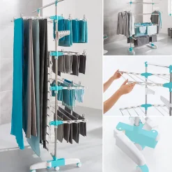 IDMarket Séchoir à linge vertical pliable 4 niveaux OPTIMUM capacité 30M avec tringle télescopique blanc et bleu* Etendoir À Linge