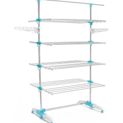 IDMarket Séchoir à linge vertical pliable 4 niveaux OPTIMUM capacité 30M avec tringle télescopique blanc et bleu* Etendoir À Linge