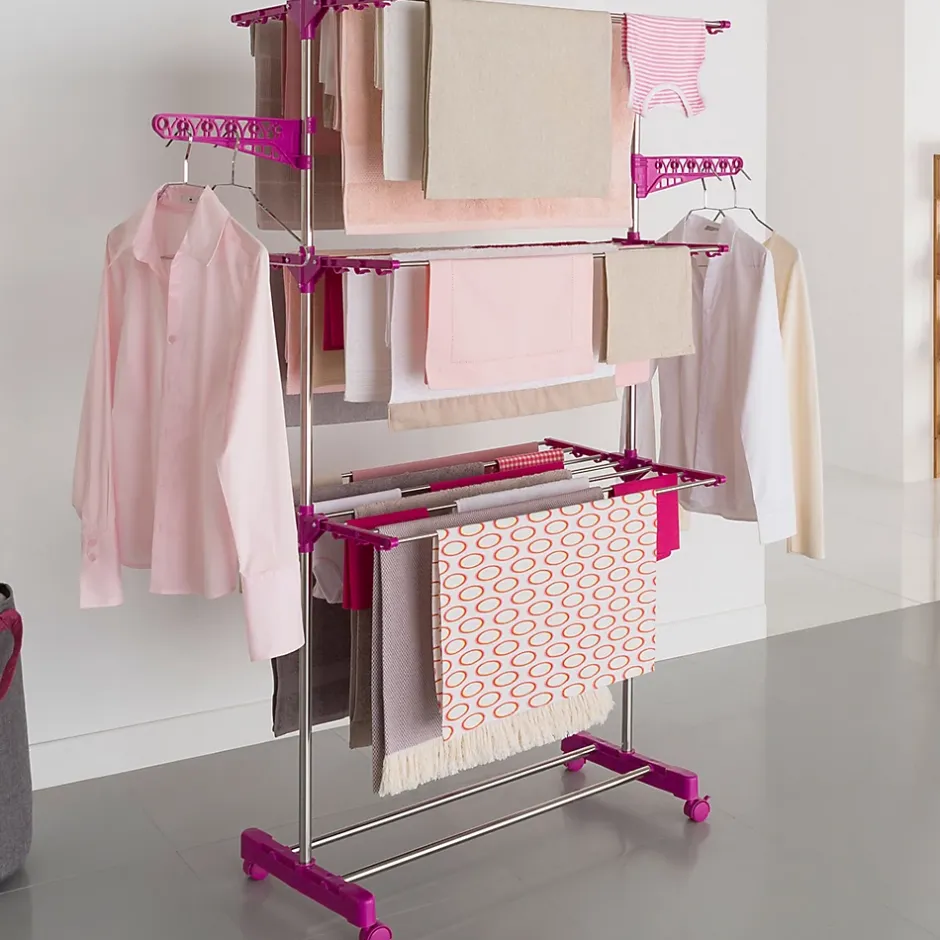 IDMarket Séchoir à linge vertical pliable 3 niveaux MAXIMA capacité 20M inox et rose* Etendoir À Linge
