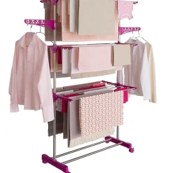 IDMarket Séchoir à linge vertical pliable 3 niveaux MAXIMA capacité 20M inox et rose* Etendoir À Linge