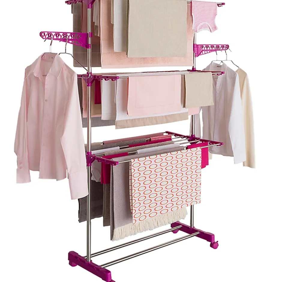 IDMarket Séchoir à linge vertical pliable 3 niveaux MAXIMA capacité 20M inox et rose* Etendoir À Linge