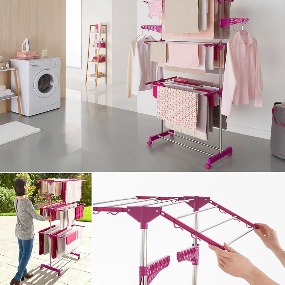 IDMarket Séchoir à linge vertical pliable 3 niveaux MAXIMA capacité 20M inox et rose* Etendoir À Linge