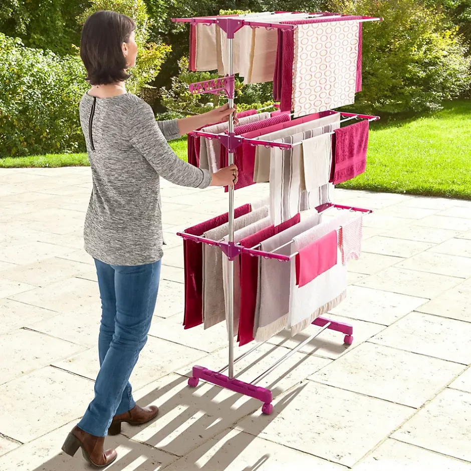 IDMarket Séchoir à linge vertical pliable 3 niveaux MAXIMA capacité 20M inox et rose* Etendoir À Linge