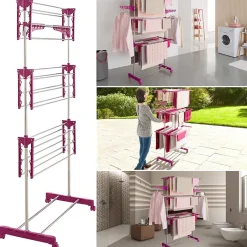 IDMarket Séchoir à linge vertical pliable 3 niveaux MAXIMA capacité 20M inox et rose* Etendoir À Linge