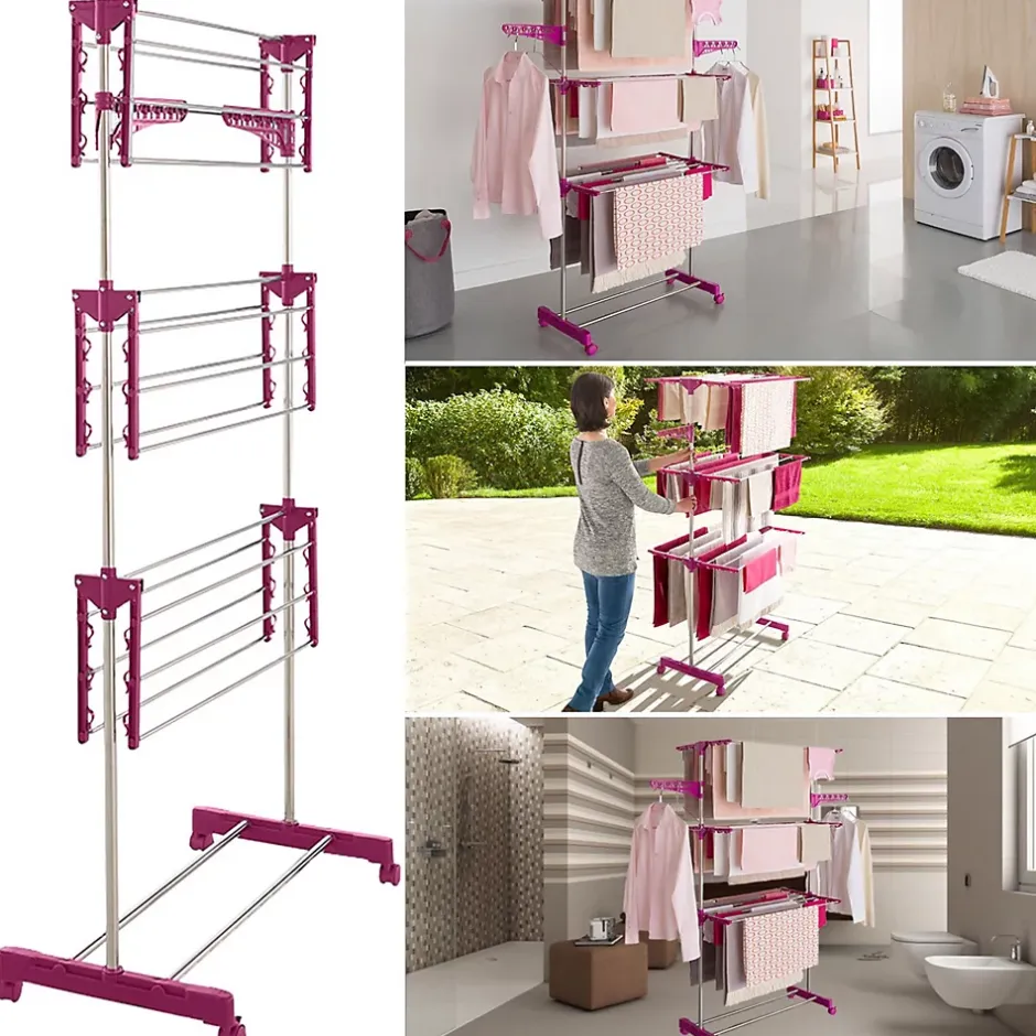IDMarket Séchoir à linge vertical pliable 3 niveaux MAXIMA capacité 20M inox et rose* Etendoir À Linge
