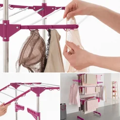 IDMarket Séchoir à linge vertical pliable 3 niveaux MAXIMA capacité 20M inox et rose* Etendoir À Linge