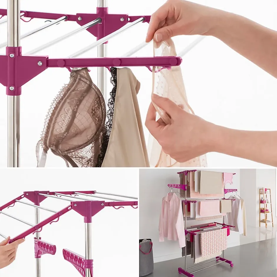 IDMarket Séchoir à linge vertical pliable 3 niveaux MAXIMA capacité 20M inox et rose* Etendoir À Linge