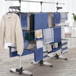 IDMarket Séchoir à linge vertical pliable 3 niveaux SUPRA capacité 50M avec tringle télescopique blanc et gris* Etendoir À Linge