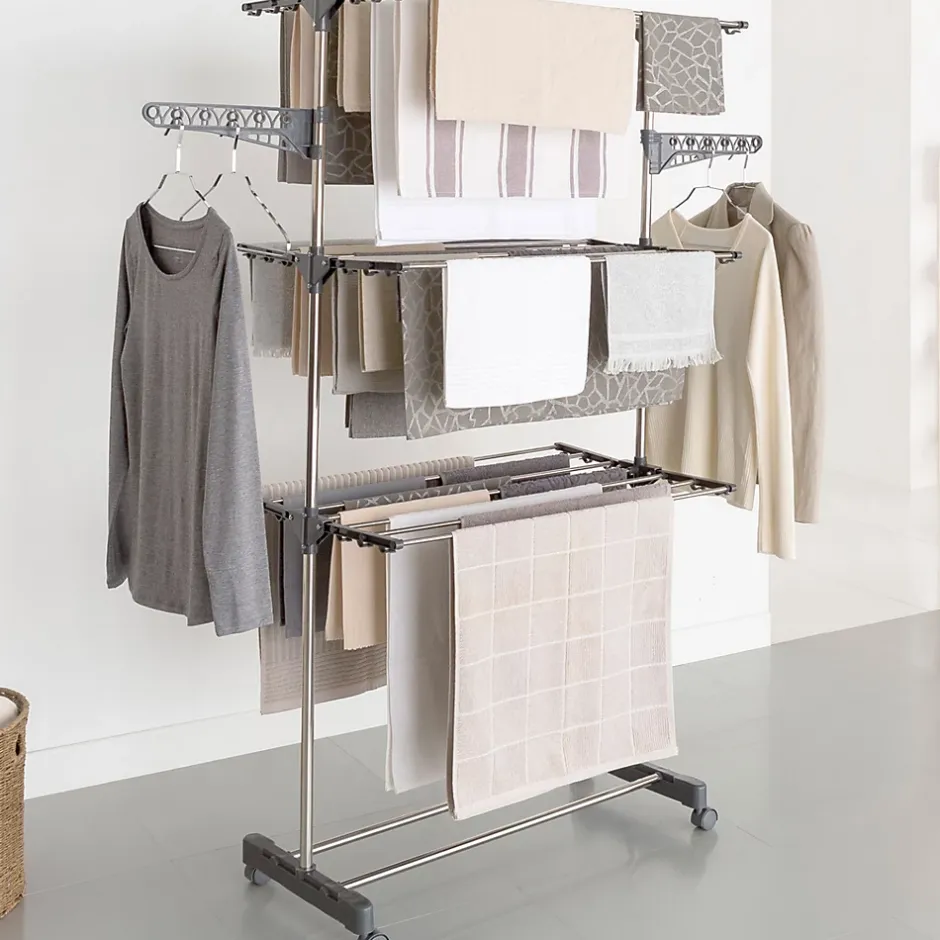 IDMarket Séchoir à linge vertical pliable 3 niveaux MAXIMA capacité 20M inox et gris