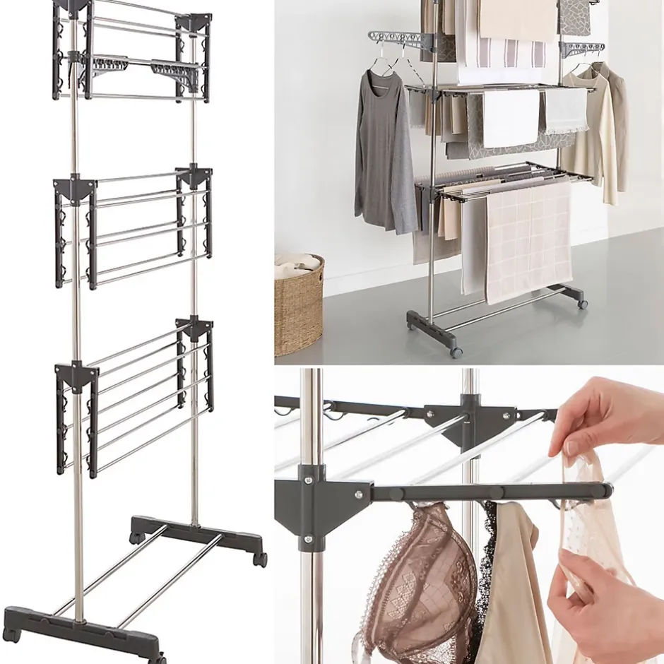 IDMarket Séchoir à linge vertical pliable 3 niveaux MAXIMA capacité 20M inox et gris