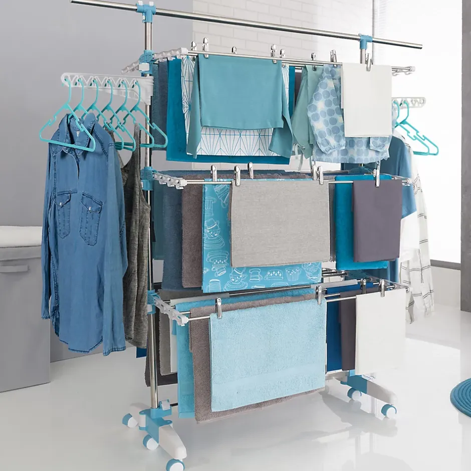 IDMarket Séchoir à linge vertical pliable 3 niveaux OPTIMUM capacité 30M avec tringle télescopique cintres et pinces blanc et bleu* Etendoir À Linge