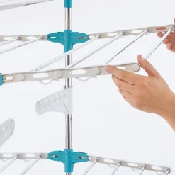IDMarket Séchoir à linge vertical pliable 3 niveaux OPTIMUM capacité 30M avec tringle télescopique cintres et pinces blanc et bleu* Etendoir À Linge