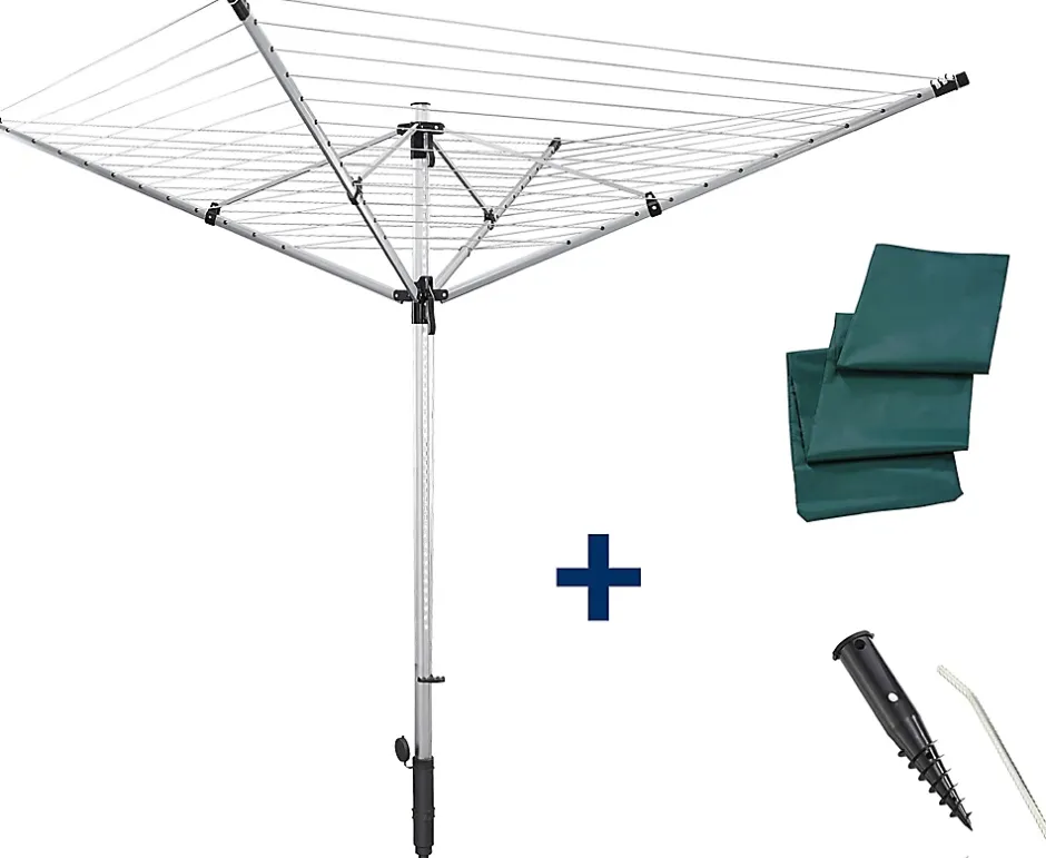 Leifheit Séchoir parapluie de jardin à ouverture rapide, 60 m d'étendage, gris et noir, LinoLift 600 QuickStart