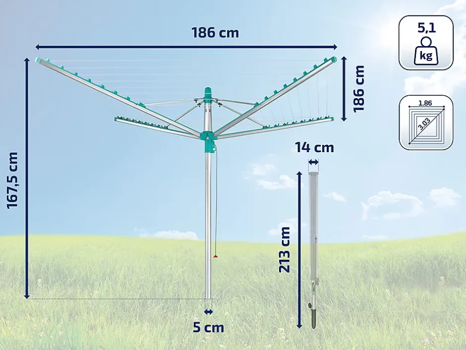 Leifheit Séchoir parapluie de jardin avec douille de fixation, 40 m d'étendage, gris et bleu turquoise, Linomatic 400 Easy* Etendoir À Linge