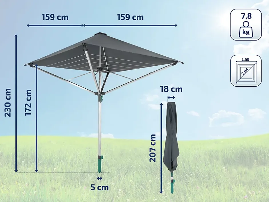 Leifheit Séchoir parapluie extérieur avec toit étanche et douille de fixation, 40 m d'étendage, noir et gris, LinoProtect 400