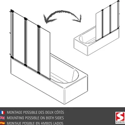 Schulte Pare-baignoire 124x130 cm - Réversible - Paroi rabattable - Verre 5 mm - 3 Volets pivotants - Profil Blanc