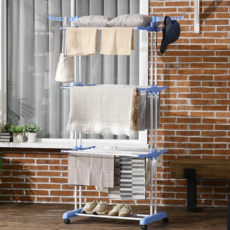 Homcom Sechoir à linge étendoir pliable 3 niveaux 2 ailes latérales à cintres acier blanc PP bleu