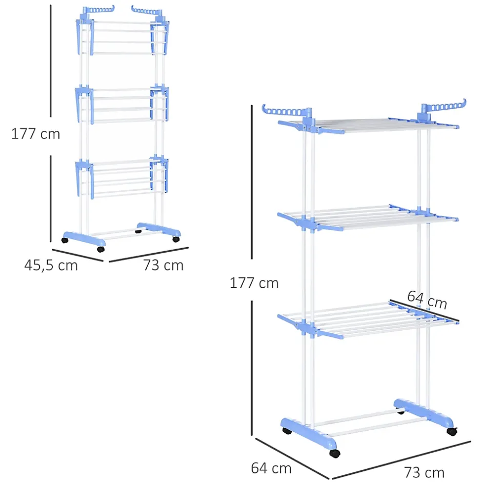 Homcom Sechoir à linge étendoir pliable 3 niveaux 2 ailes latérales à cintres acier blanc PP bleu