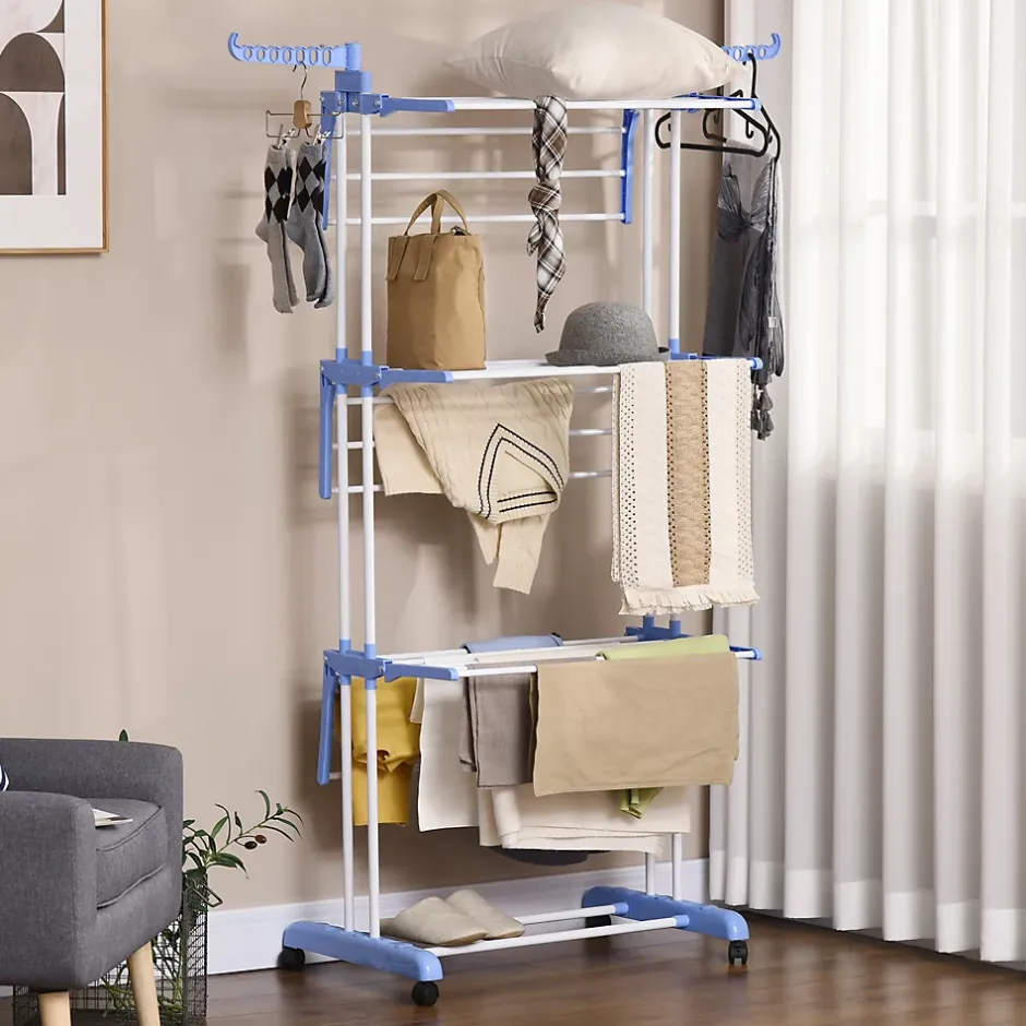 Homcom Sechoir à linge étendoir pliable 3 niveaux 2 ailes latérales à cintres acier blanc PP bleu
