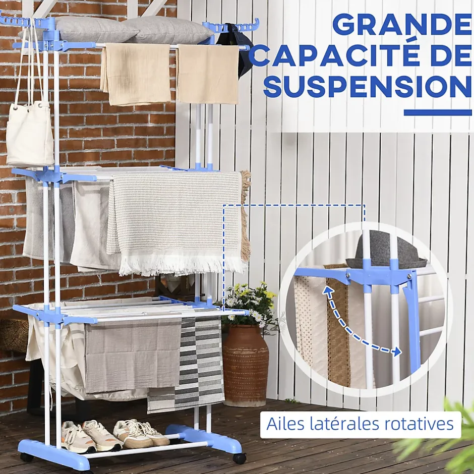 Homcom Sechoir à linge étendoir pliable 3 niveaux 2 ailes latérales à cintres acier blanc PP bleu