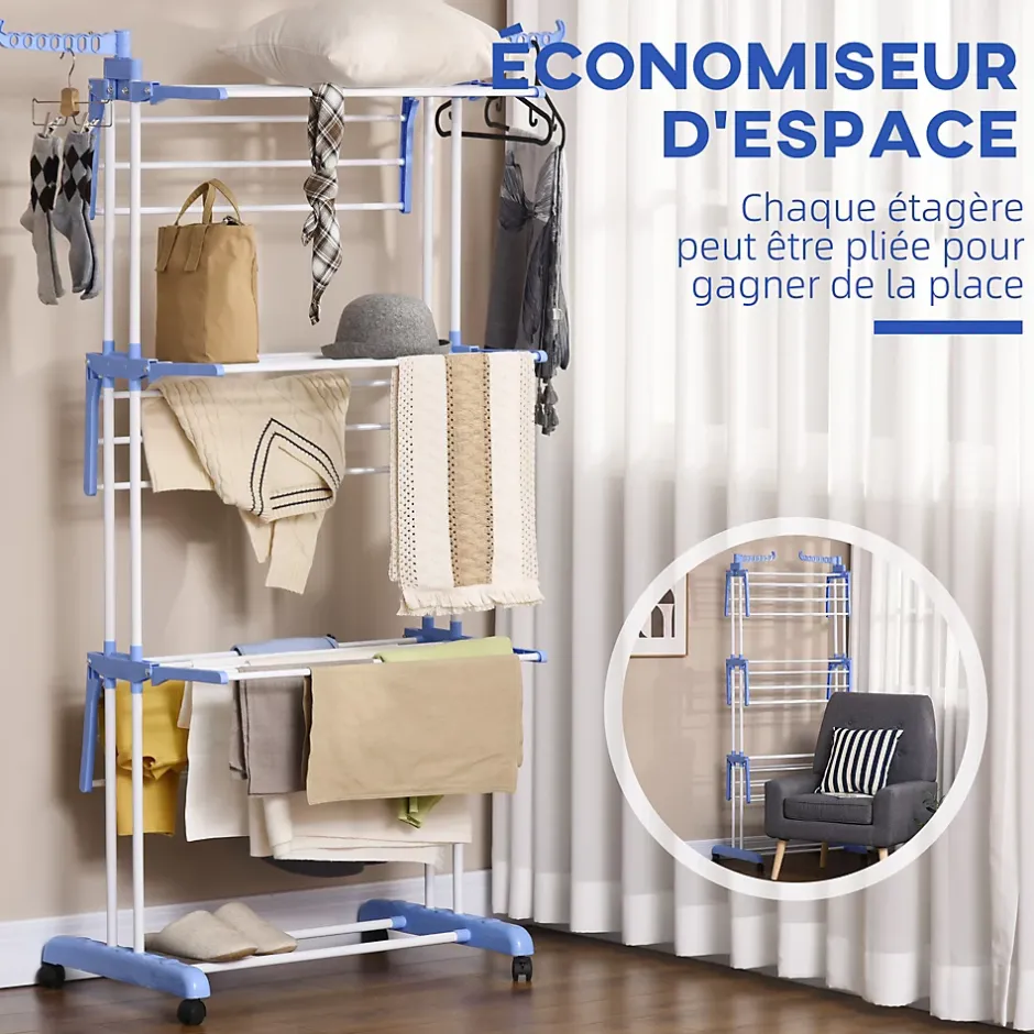 Homcom Sechoir à linge étendoir pliable 3 niveaux 2 ailes latérales à cintres acier blanc PP bleu