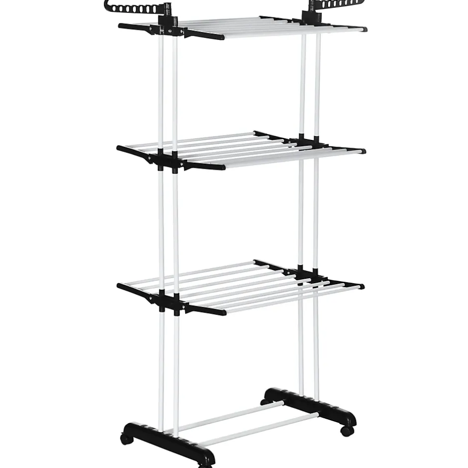 Homcom Sechoir à linge étendoir pliable 3 niveaux 2 ailes latérales à cintres acier blanc PP noir