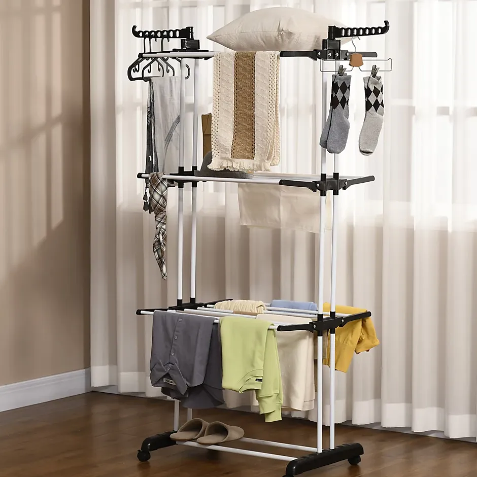 Homcom Sechoir à linge étendoir pliable 3 niveaux 2 ailes latérales à cintres acier blanc PP noir