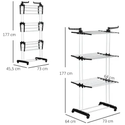 Homcom Sechoir à linge étendoir pliable 3 niveaux 2 ailes latérales à cintres acier blanc PP noir