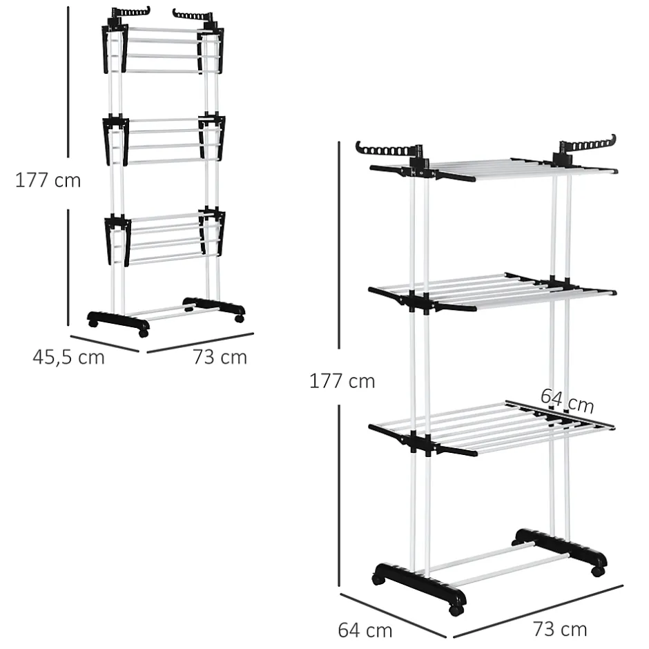 Homcom Sechoir à linge étendoir pliable 3 niveaux 2 ailes latérales à cintres acier blanc PP noir