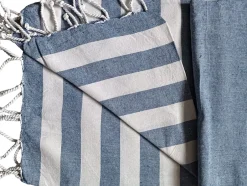 Dylrev Serviette de Plage Fouta Rayée avec Frange 90x180cm - Lot de 4 en Marine