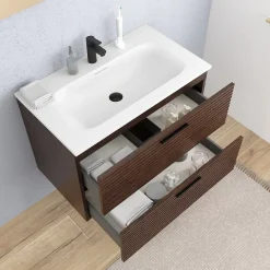 Ceramia Set complet 80 cm : vasque blanc mat + meuble couleur chêne (-4DW80-V)* Meuble Vasque