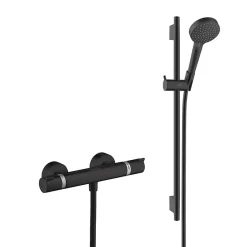 Hansgrohe Set de douche Mitigeur Ecostat Comfort + douchette à main 2 jets + Barre Unica 65 cm, Noir mat (13116670-Vernis)* Colonne De Douche Thermostatique
